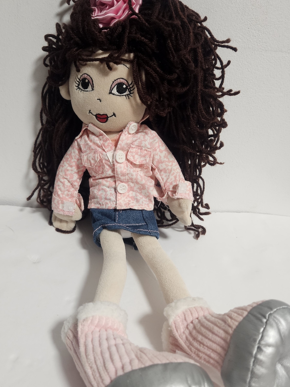 Build-A-Bear Brown-Haired Doll in Pink Jacket and Blue Denim Skirt
